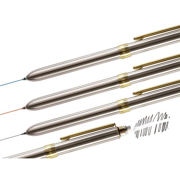 Boligrafo Milan Multifuncion Cromado Adornos Dorados Azul/Rojo/Portaminas 0,5 Mm/ Goma De Borrar En Caja Metal